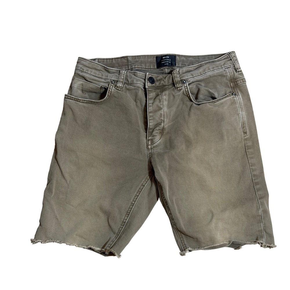 Neuw Lou Slim Cut-Off Shorts Mens 30 Olive Green Khaki Frayed Hem Button Fly